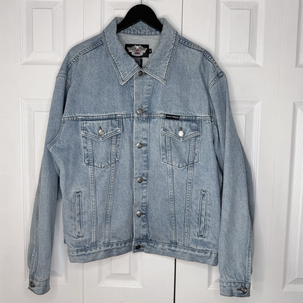 Harley Davidson Vintage Mens Light Wash Denim Trucker Jacket Logo Patch MEDIUM